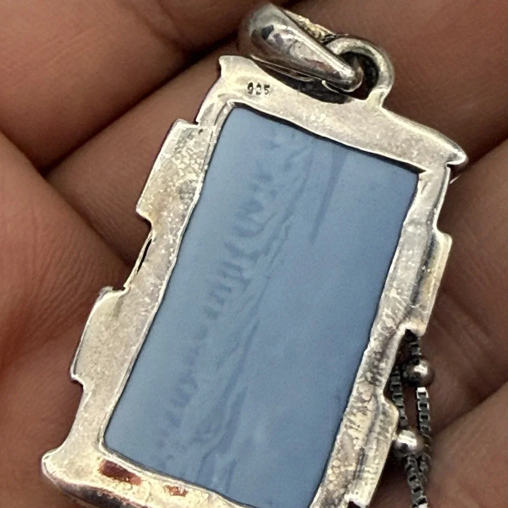 Vtg 925 Sterling Silver Blue Lace Agate Pendant Necklace Box Ball İtaly Chain 26